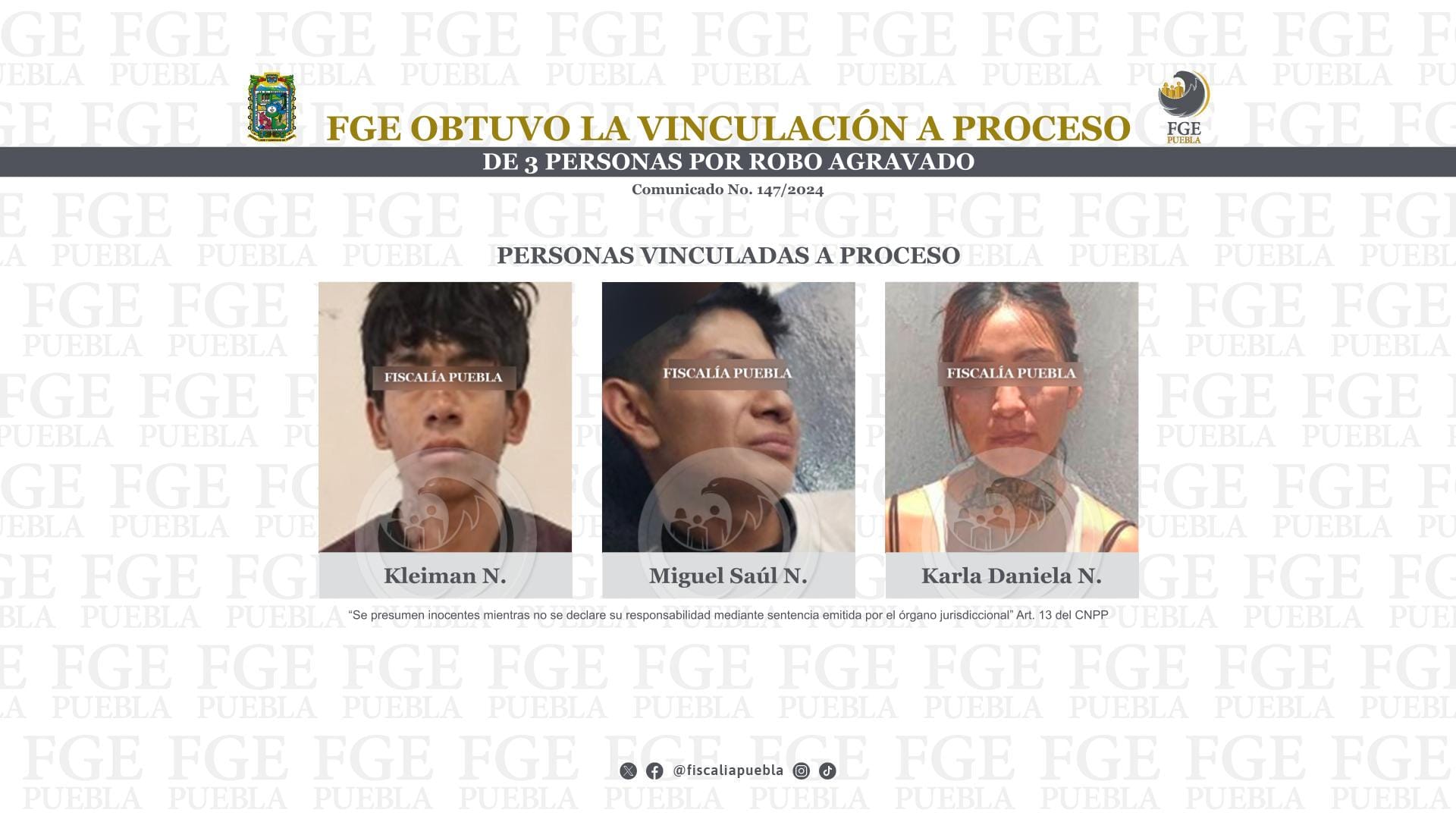 FGE obtuvo la vinculación a proceso de 3 personas por robo agravado