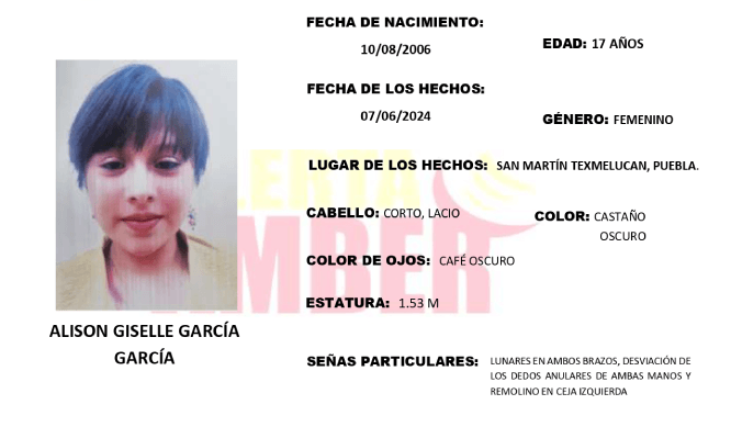 Activan Alerta Amber en Puebla para encontrar a Alison Giselle, adolescente desaparecida