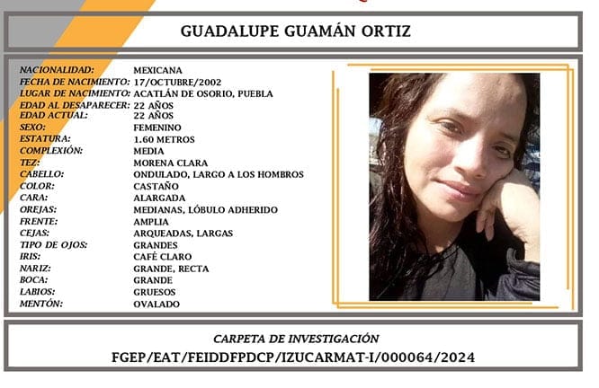 FGE informa sobre la desaparición de Guadalupe Guzmán Ortiz