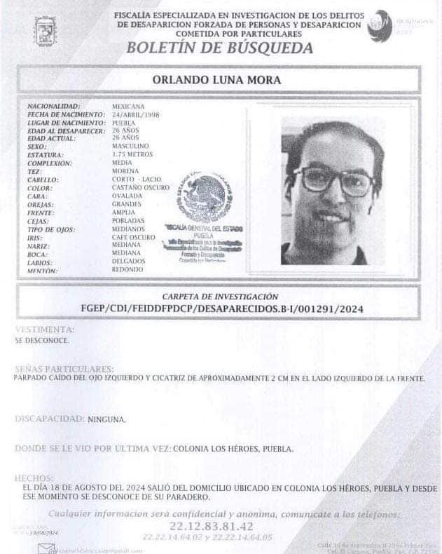 Buscan a Orlando Luna Mora, desaparecido en Los Héroes el 18 de agosto