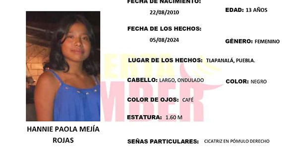 Activan Alerta Amber en Puebla para localizar a Hannie Paola de 13 años