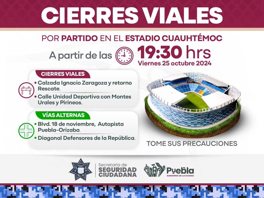 Cierres viales en Puebla por partido entre Club Puebla y Chivas