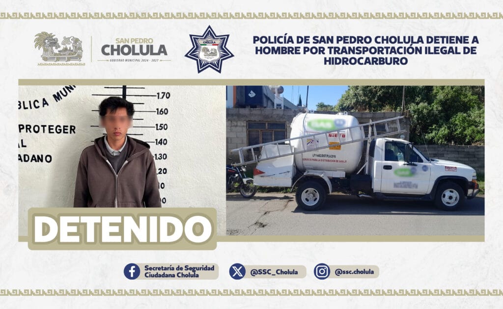 Policía de San Pedro Cholula detiene a hombre por transportación ilegal de hidrocarburo