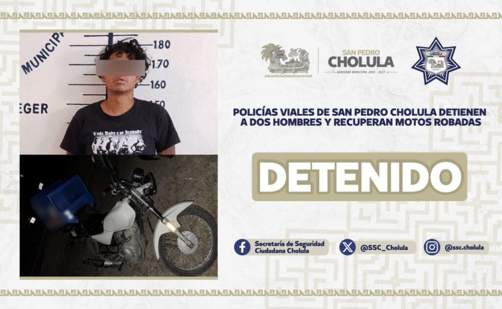 Policías viales de San Pedro Cholula detienen a dos hombres y recuperan motos robadas