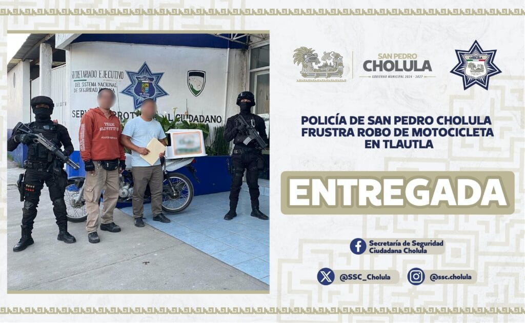 Policía de San Pedro Cholula frustra robo de motocicleta en Tlautla