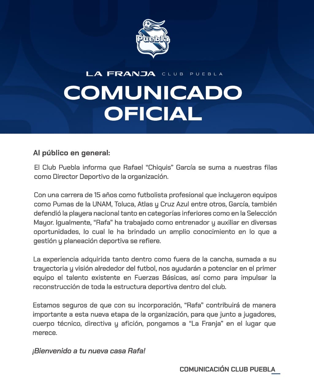 Nuevo capítulo para el Puebla: “Chiquis” García vuelve como Director Deportivo